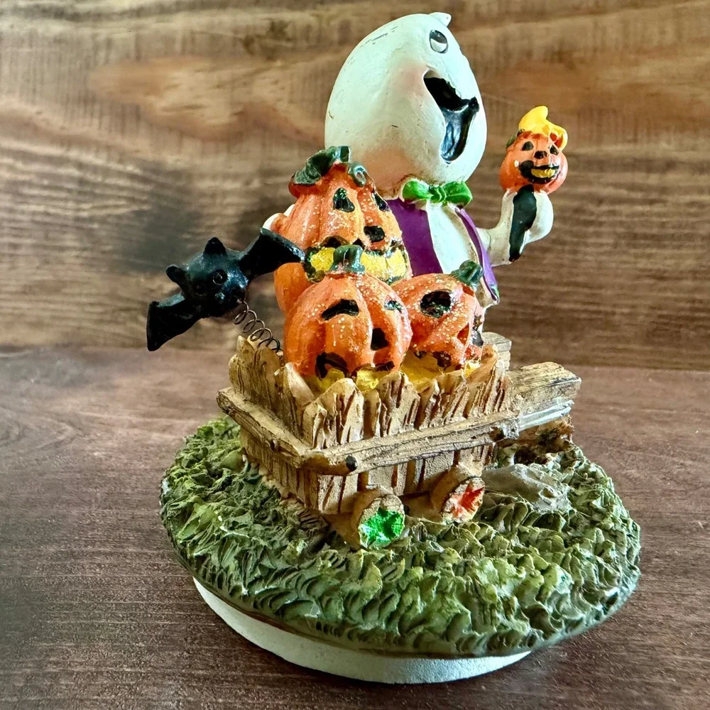 Halloween Ghost Figurine with Pumpkins and Bat Resin Decor Adorable Multi Color